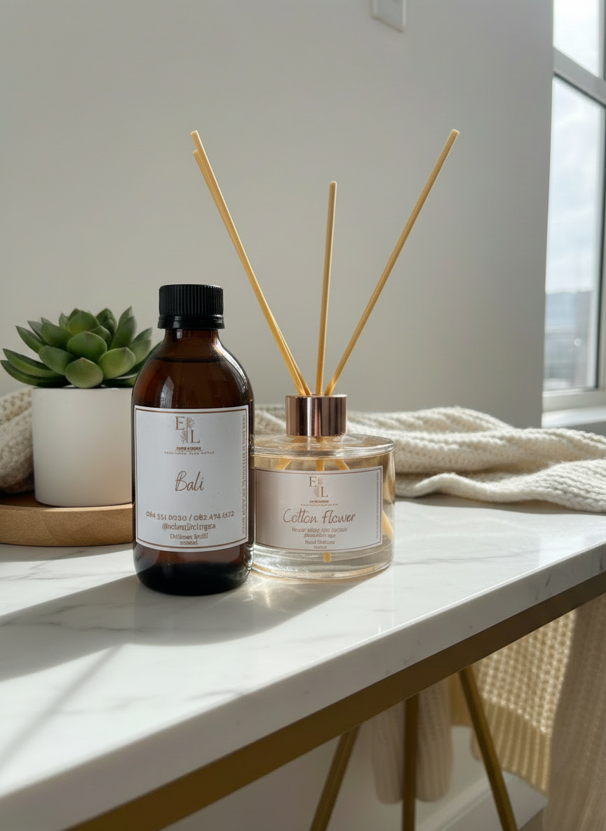 Diffuser Refill with Reed Diffuser standing upright in elegant setting