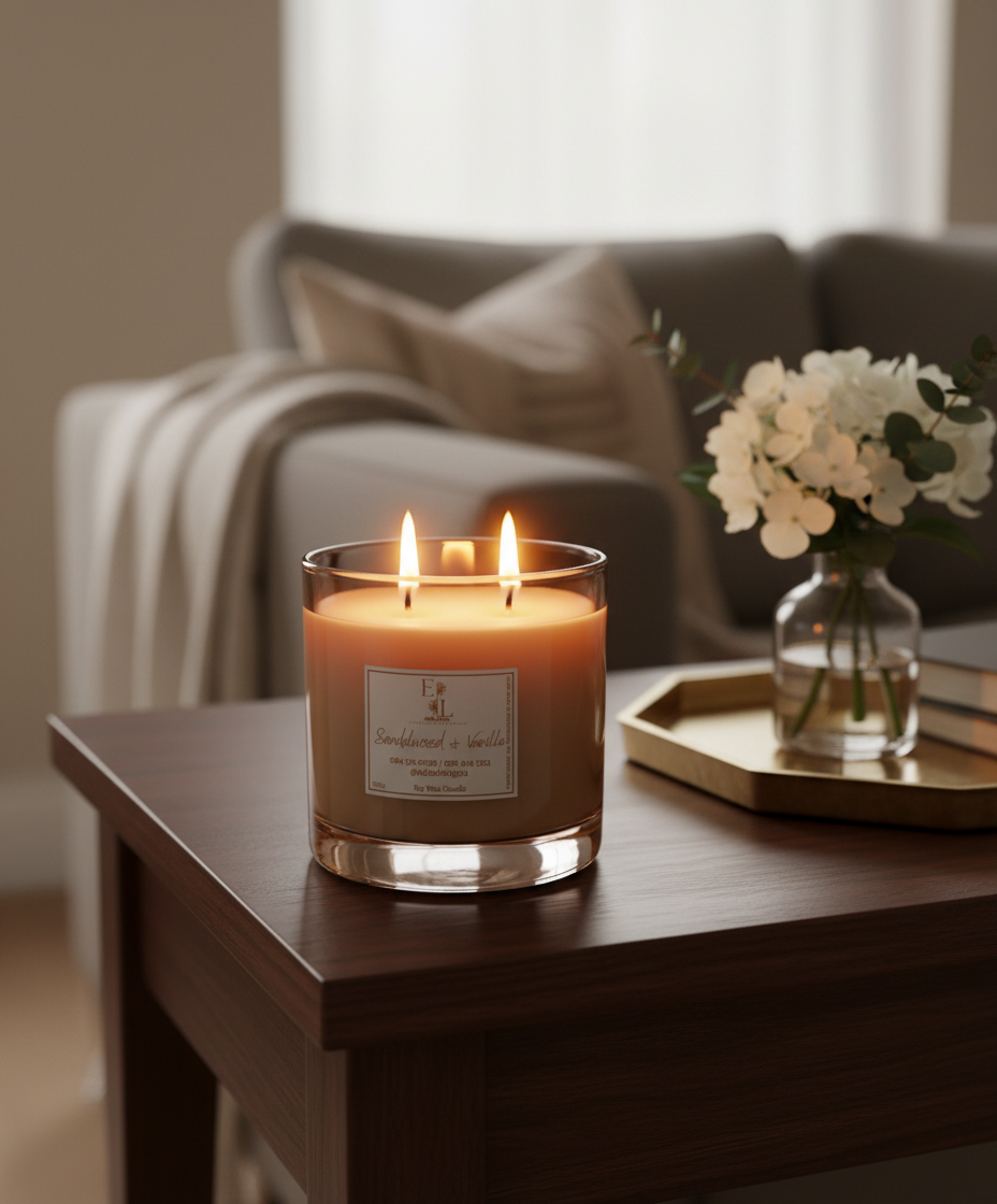 Scented Soy Wax Candle 300g with two wicks in elegant setting